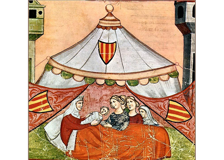 Federico II nasce a Jesi sotto una tenda attrezzata, collocata nella piazza principale di Jesi. Immagine tratta dalla "Cronica figurata di Giovanni Villani". 